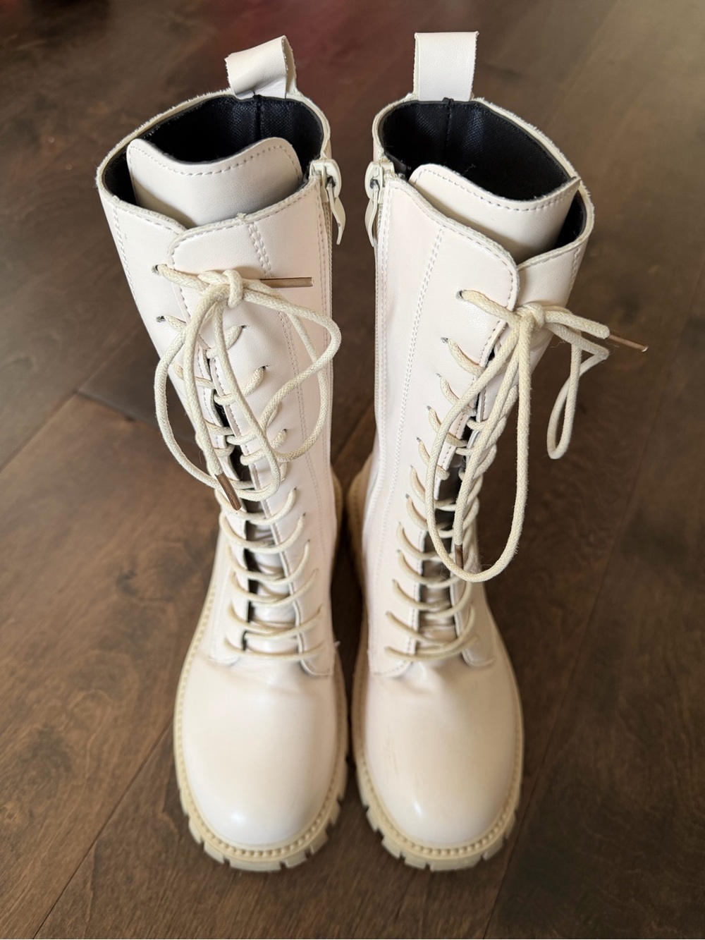 Girls Cream Lace-Up Combat Boots